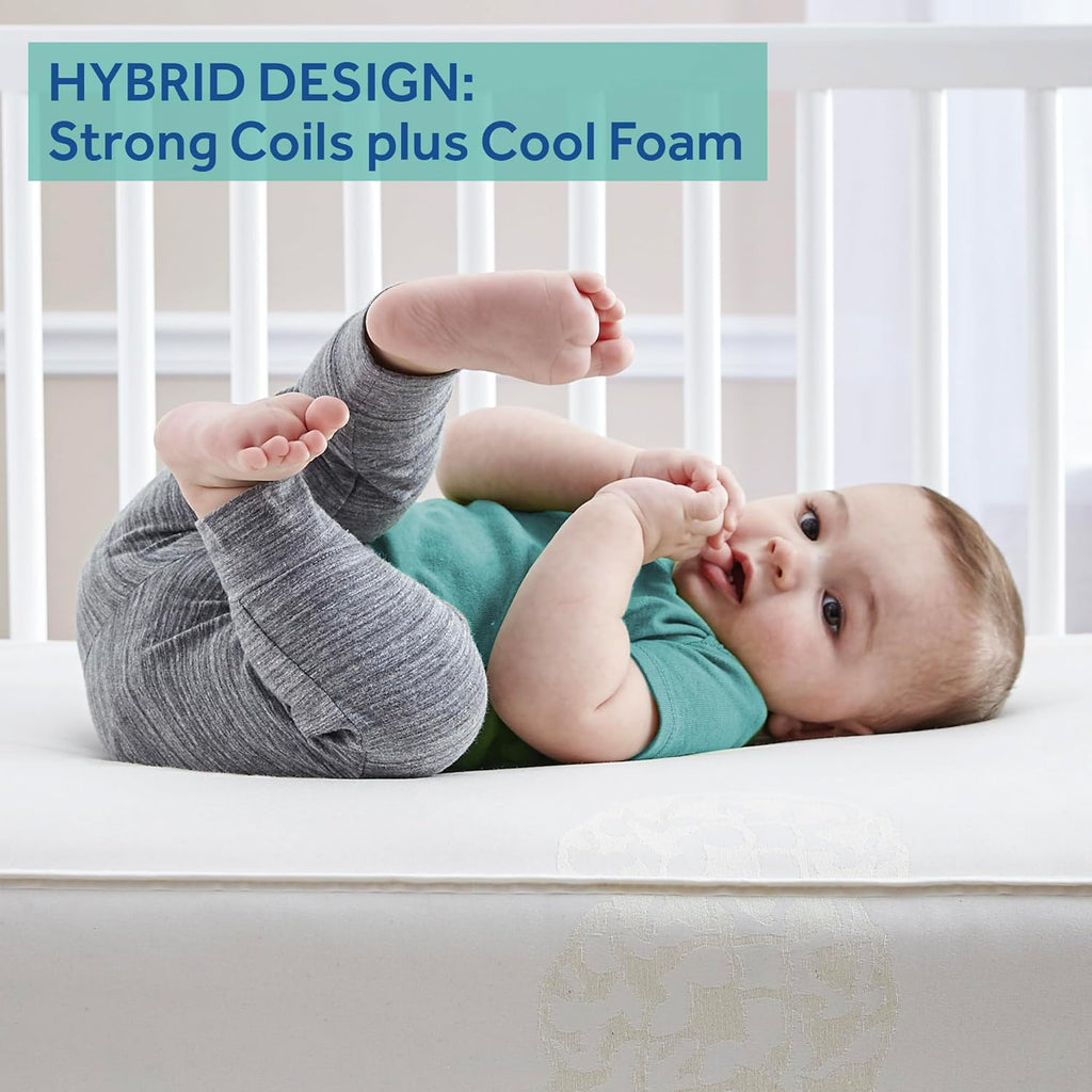 Sealy Baby Cozy Cool Hybrid Breathable Crib Mattress, GREENGUARD GOLD Certified, Made in USA, Cooling Foam, 2 Stage, Toddler Bed Fit, 204 Coils & Cotton Cover, Safety & Quality Tested, 52x28"