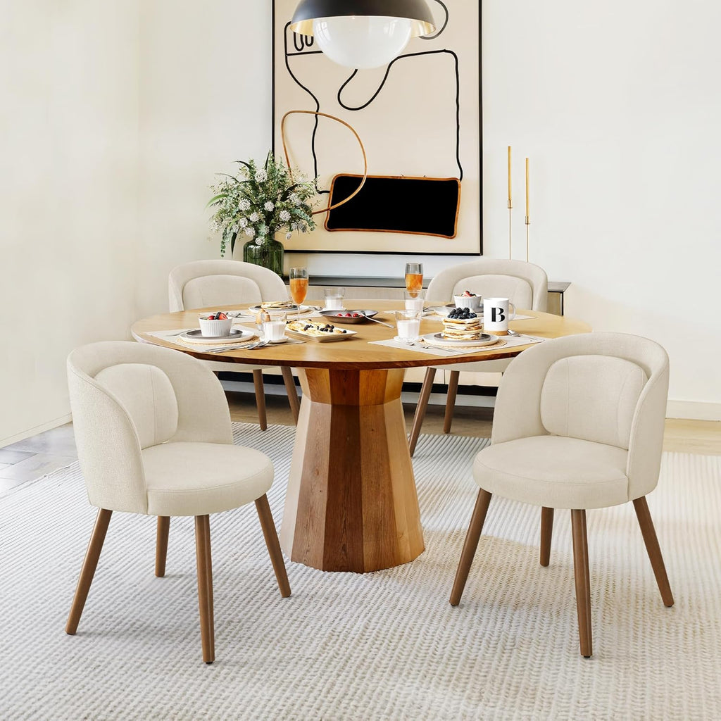 LUE BONA Dining Chairs Set of 4, Modern Upholstered Kitchen Chairs with Solid Wood Legs, Curved Backrest & Lumbar Support for Home Dining Room, Restaurant, Linen Color
