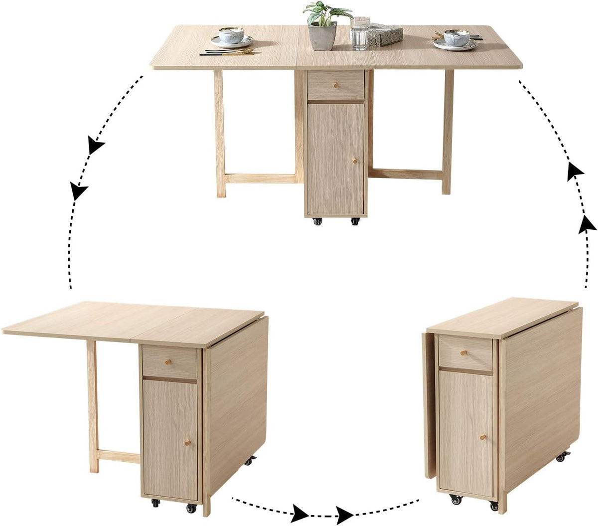 COMUHOME Extendable Drop Leaf Folding Dining Table with 2 Drawers and 4 Wheels for Living Room Kitchen Farmhouse Space Saving Table in Wood Color