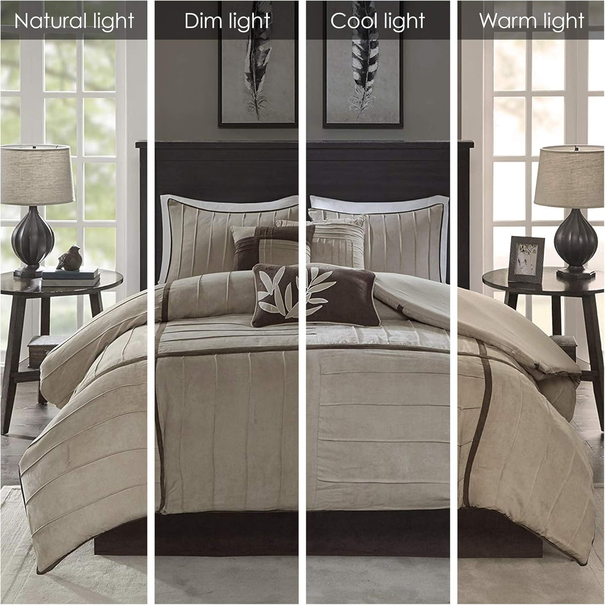 Madison Park Cozy Comforter Set Casual Blocks Design All Season, Matching Bed Skirt, Decorative Pillows, Queen(90"x90"), Dune Suede, Beige Brown, 7 Piece