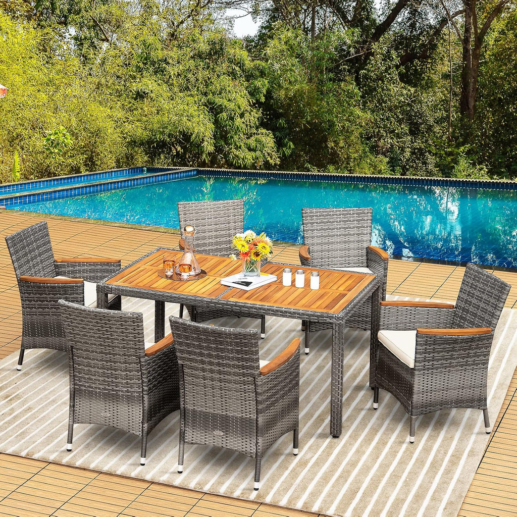 COSTWAY 7-Piece Patio Dining Set for 6, Outdoor Rattan Wicker Table and Chairs Furniture Set with Umbrella Hole, Acacia Wood Tabletop for Backyard, Balcony, Poolside, Grey & Beige
