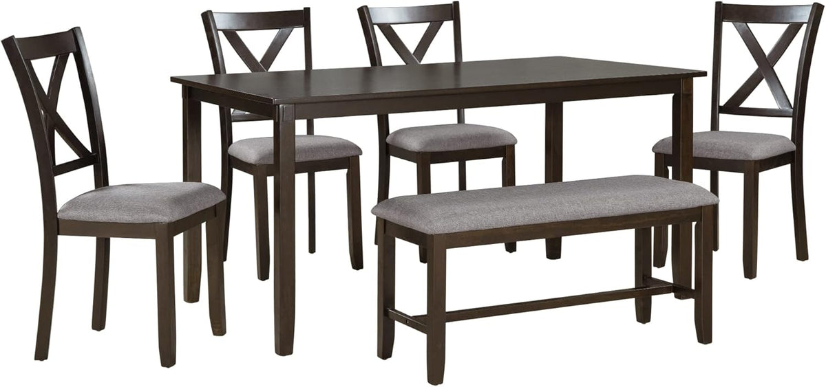 Merax 6 Piece Kitchen Dining Table Set, Wood Rectangular Table and 4 Dining Chairs with Cushions and 1 Bench with Cushion, Kitchen Dining Room Table Set for 6 (Espresso)