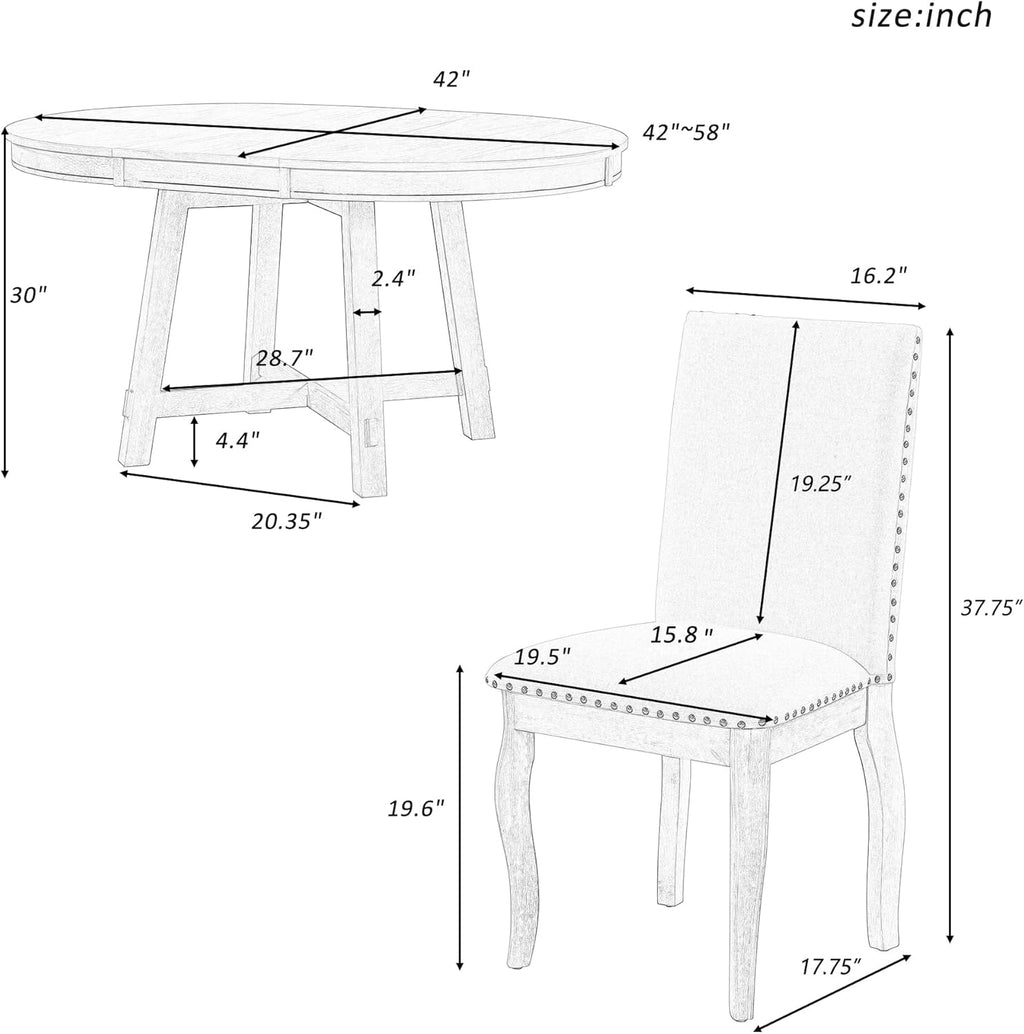 Harper & Bright Designs 5-Piece Farmhouse Extendable Round Dining Table and Upholstered Chair Set With Shelf for Family Dining Area