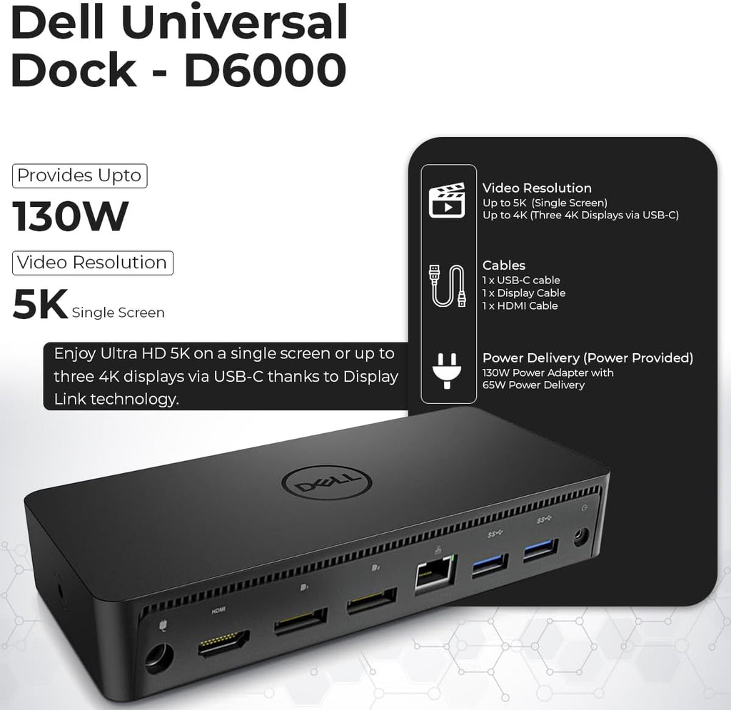 D6000 Dell Docking Station Dual Monitor - USB C Universal Dock with 130W Adapter, HDMI, DisplayPort, USB-C Cables - Supports 4K Display (Renewed)