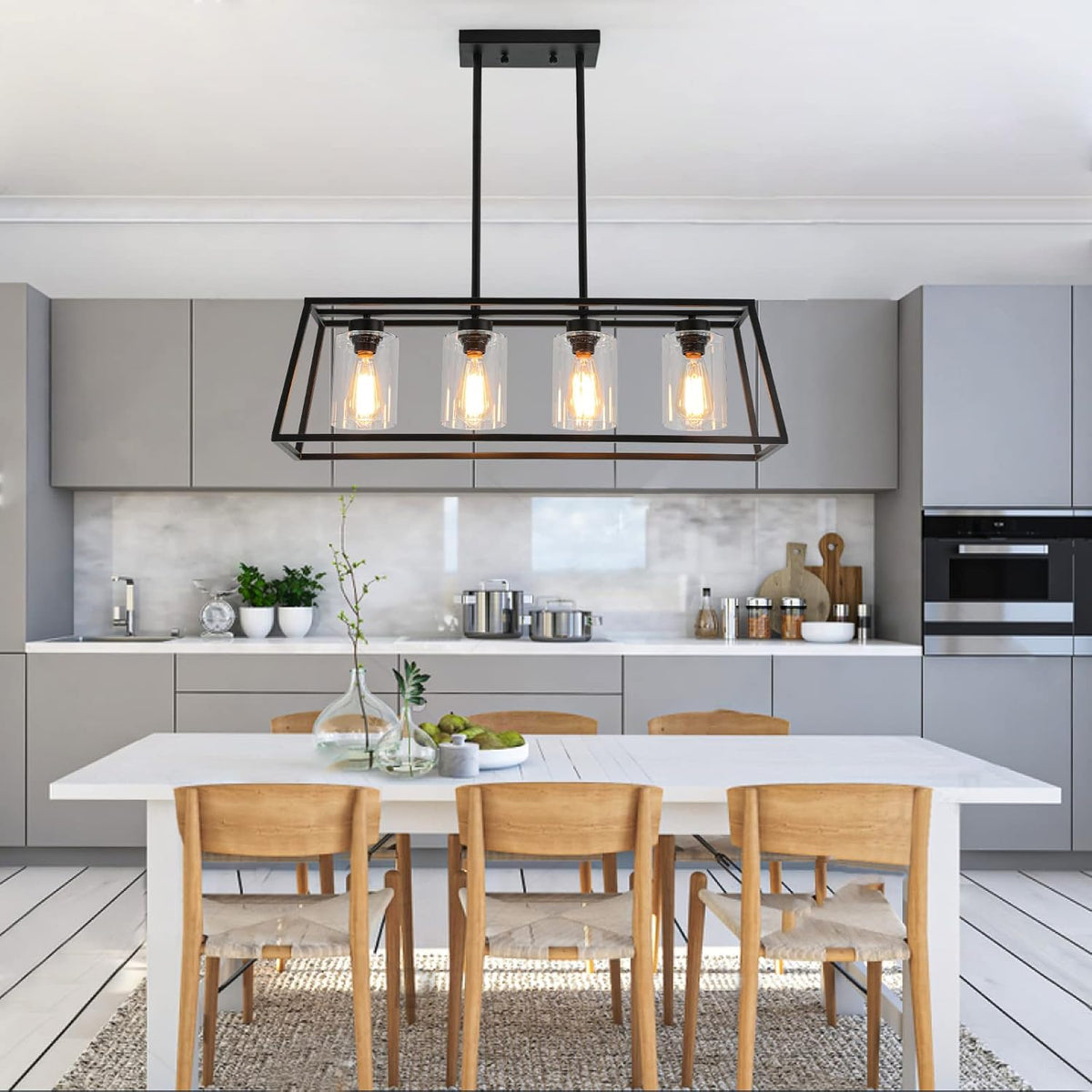 Black Farmhouse Chandeliers for Dining Room, Rustic Kitchen Island Light Fixture, 4-Lighting Linear Pendant Lamp Kitchen Island with Glass Shade  .Apply to Dining Room Light fixtures Over Table