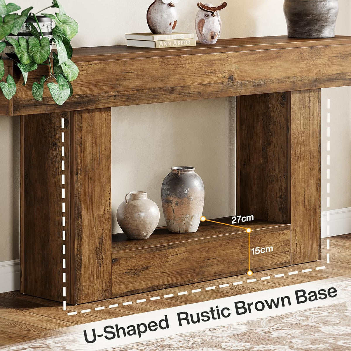 Tribesigns 63" Console Table, Farmhouse 2-Tier Entryway Table with U-Shaped Base, Narrow Long Wood Sofa Table Behind Couch Table for Living Room, Hallway, Foyer, Vintage Brown