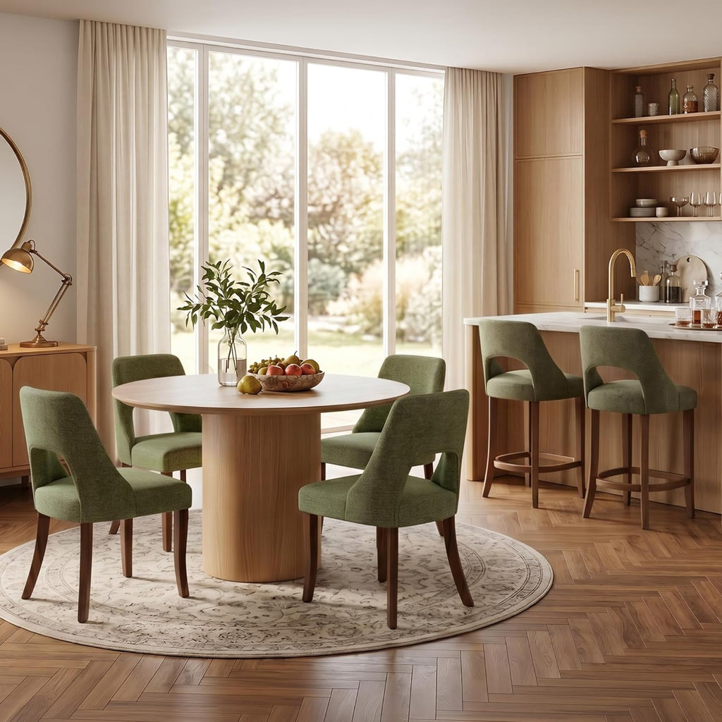 UVV Wooden Dining Chairs Set of 6, Mid Century Modern Chenille Upholstered Dining Room Chair Kitchen Chairs, Farmhouse Dinner Chair with Solid Wood Legs for Kitchen Dining Room, Green