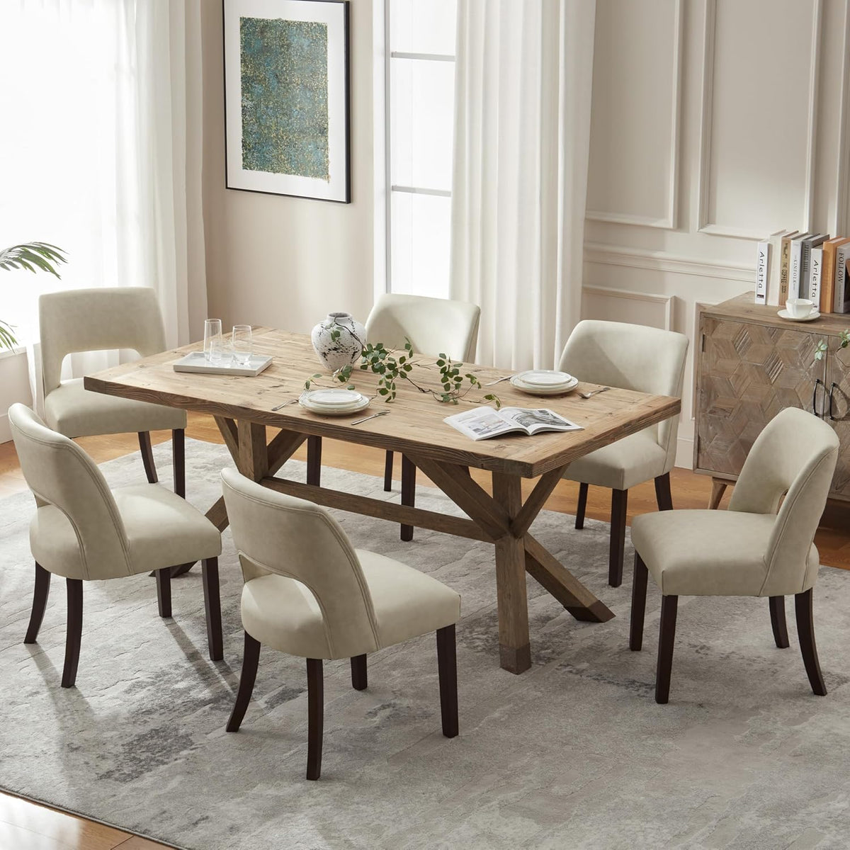 VKNOW Modern Dining Chairs Set of 6, Faux Leather Upholstered Dining Room Chair Kitchen Chairs, Farmhouse Dinner Chair for Kitchen Dining Room, Beige