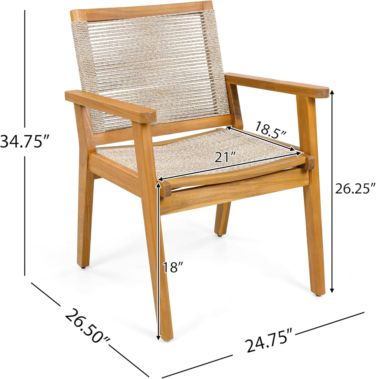 Christopher Knight Home Kita Acacia Wood Patio Dining Chairs Set of 2, Wooden Outdoor Dining Chair Set, Outdoor Kitchen Side Chair with Woven Rope, Teak+Dark Beige