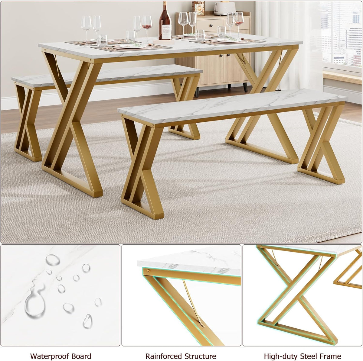 GarveeHome Kitchen Table with 2 Benches, Dining Table Set for 4 with Faux Marble Tabletop, Saving Space Dining Room Table Set for Kitchen, Dining Room, Apartment, Sturdy Metal Frame