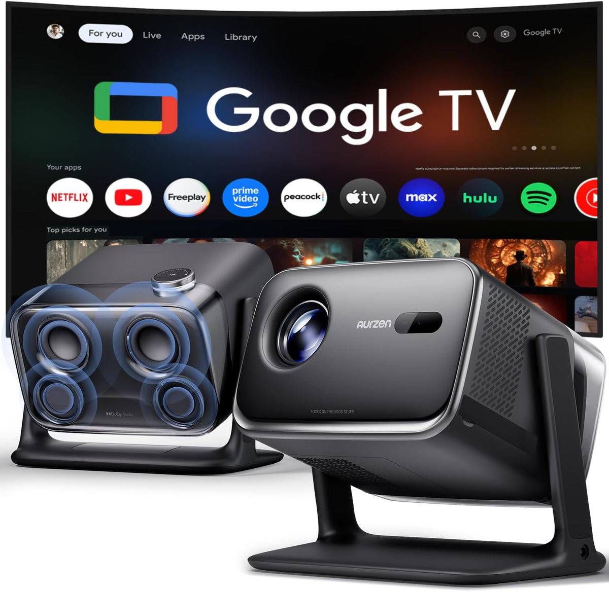 Aurzen BOOM mini Google TV Smart Projector with WiFi and Bluetooth, Voice Control, Family Mode, 20W Dolby Audio, Real-Time Focus,4K Supported Movie Projector for Bedroom/Home/Outdoor Live Sports,Black