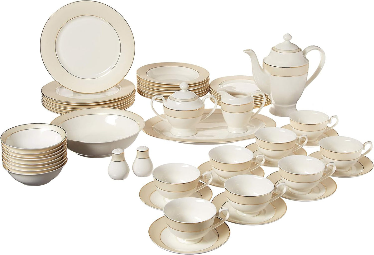 Lorren Home Trends La Luna Bone China 57-Piece Beige Border with 24K Gold Trim Dinnerware Set, Service for 8