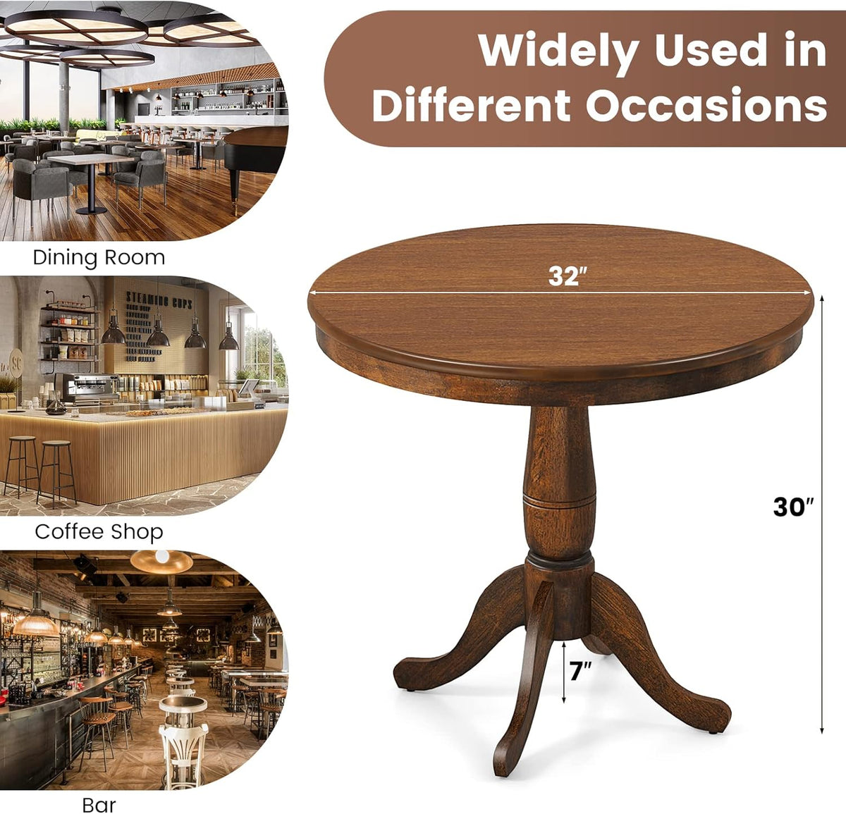 Giantex Round Dining Table for 2-4 People, 32" D X 30" H Wooden Kitchen Table with Spacious Table Top, Pedestal Base, Leisure End Tables for Bar, Kitchen, Dining Room, Restaurant, Walnut