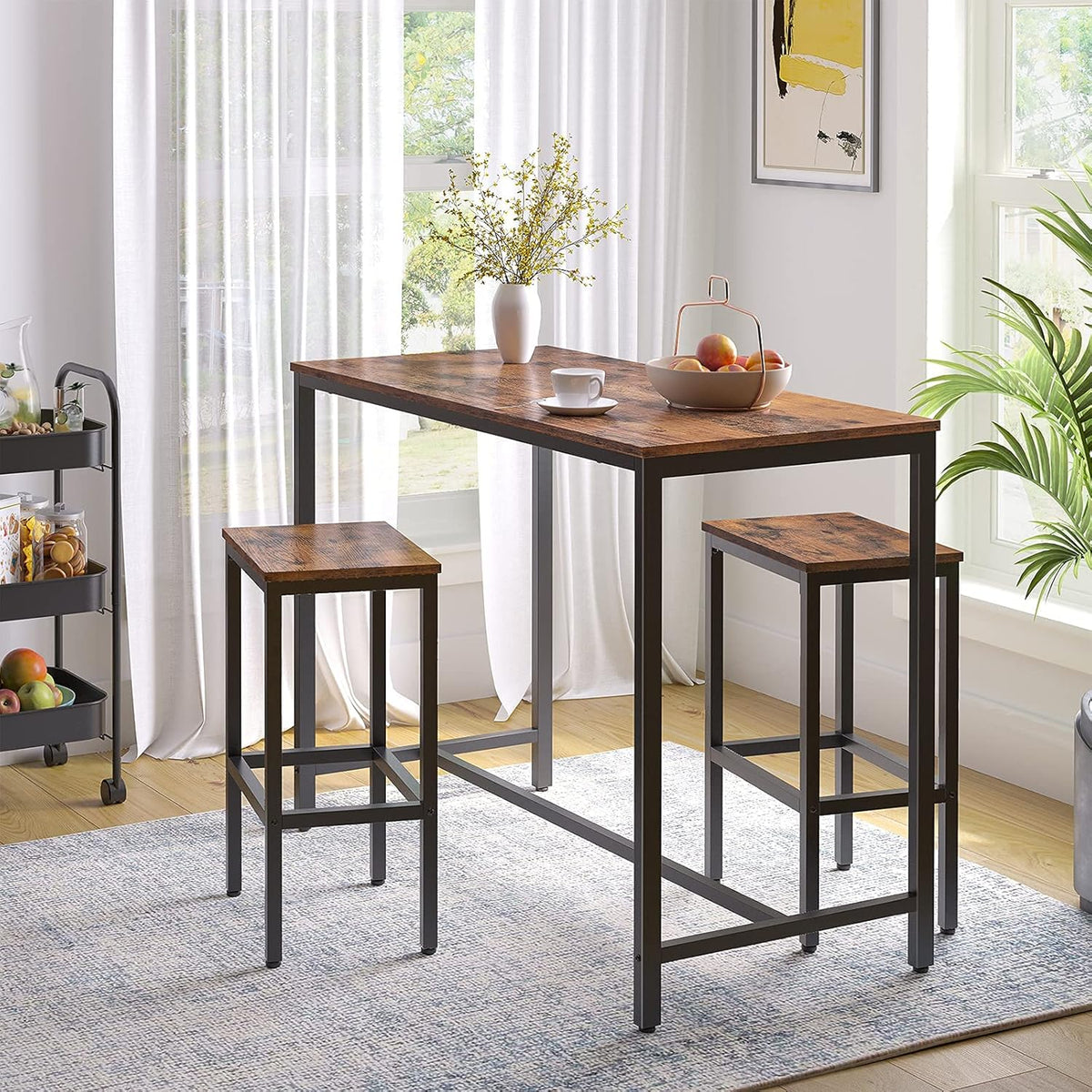 HOOBRO Bar Table and Chairs Set, 47.2” Rectangular Pub Table with 2 Stools for Small Space, High Top Table, 3-Piece Breakfast stools Set, Sturdy Metal Frame, Easy to Assemble, Rustic Brown BF52BT01
