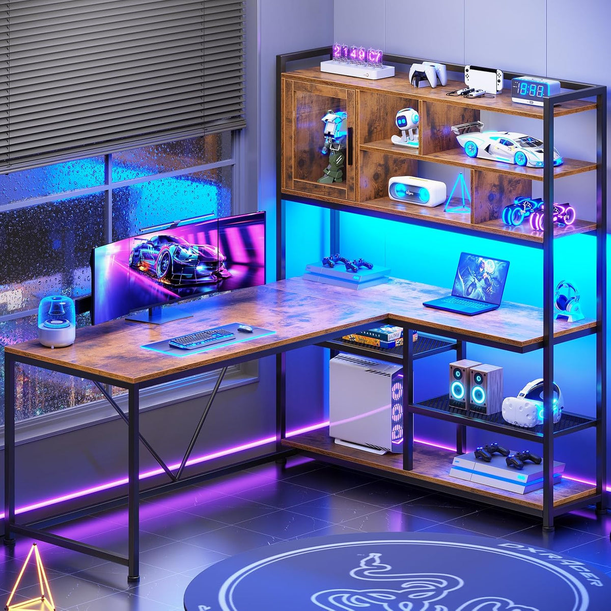SEDETA L Shaped Computer Desk, 58'' Office Desk with LED Light and Bookshelf, L Shaped Corner Desk with Storage Shelves for Home Office, Gaming Desk, L Desk, Rustic Brown