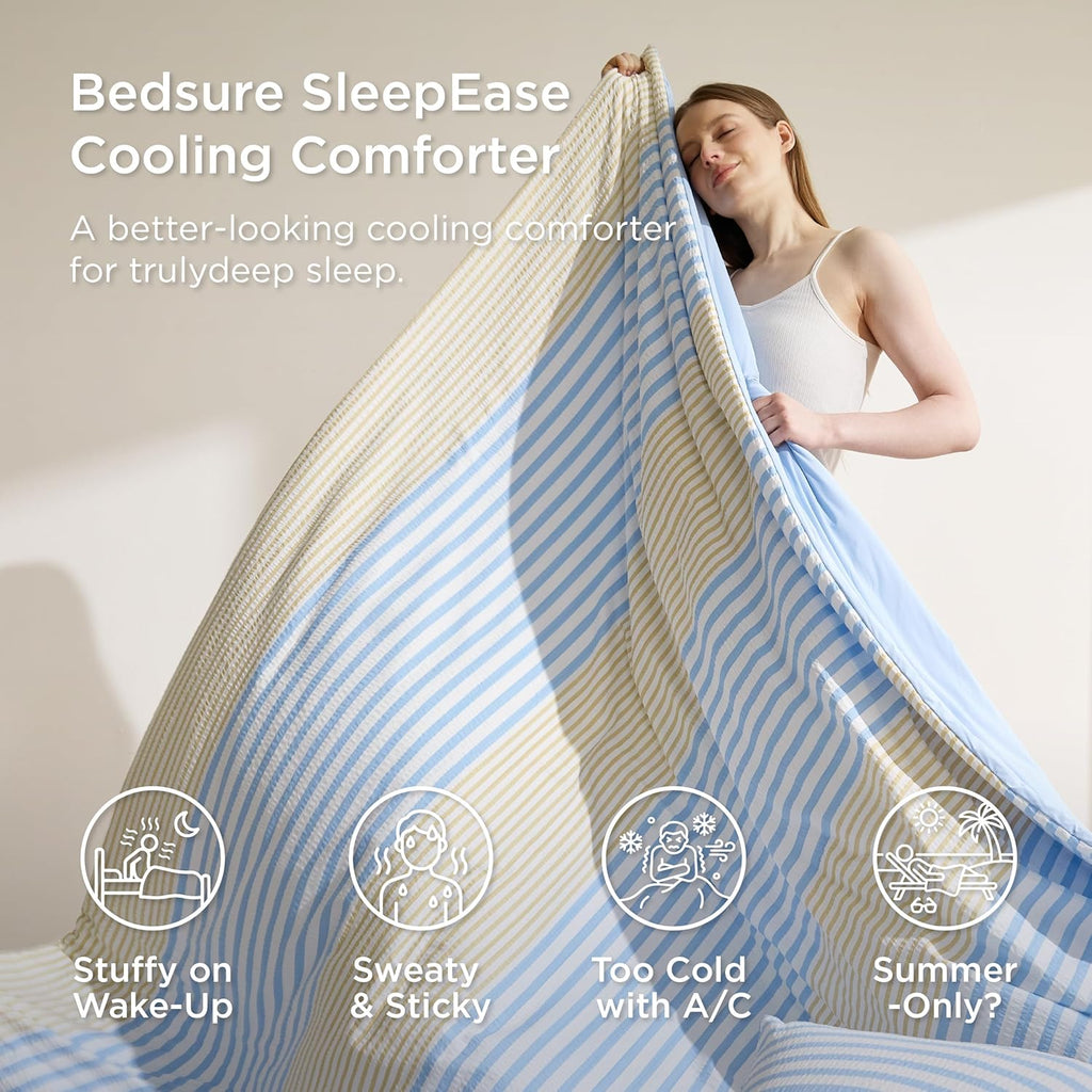 Bedsure SleepEase Cooling Comforter King Size for Summer, 3 Pieces Striped Seersucker Cooling Comforters for Hot Sleepers, Double-Sided Cool Tech Bedding Set with 1 Breathable Comforter, 2 Pillowcases