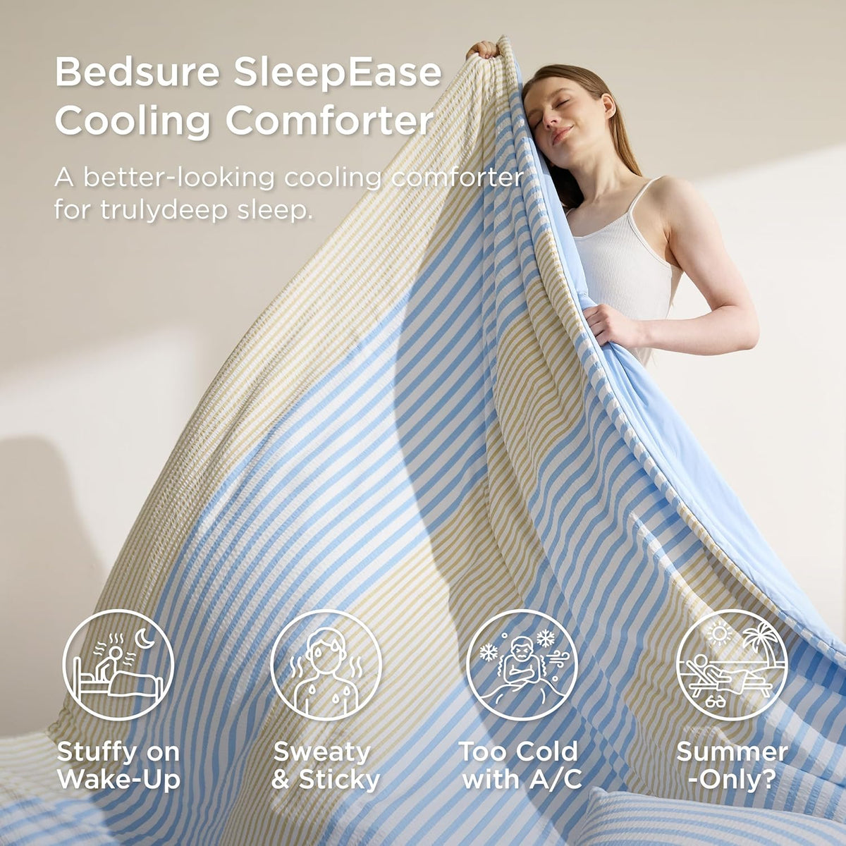 Bedsure SleepEase Cooling Comforter King Size for Summer, 3 Pieces Striped Seersucker Cooling Comforters for Hot Sleepers, Double-Sided Cool Tech Bedding Set with 1 Breathable Comforter, 2 Pillowcases