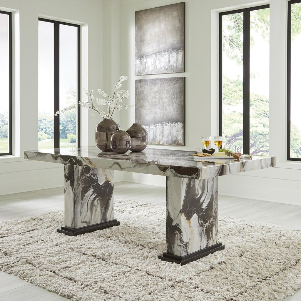 Signature Design by Ashley Jazmore Contemporary Dining Table with Double Pedestal Base, Dark Brown & Beige
