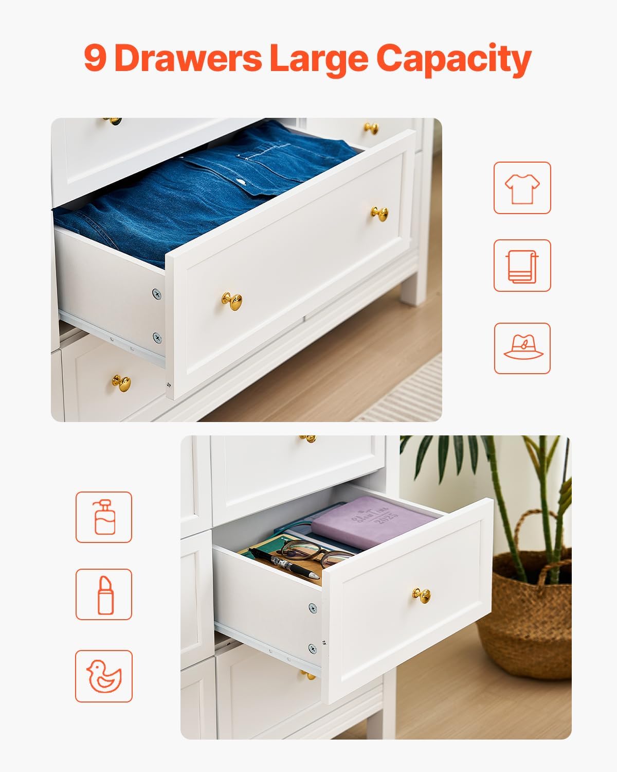 VEVOR 9 Drawer Dresser, Wooden Chest of Drawers with Sliding and Anti-tip Device, Retro Minimalist Dresser Chest, Closet Storage TV Stand Organizer for Living Room, Hallway, Bedroom, Entryway, White