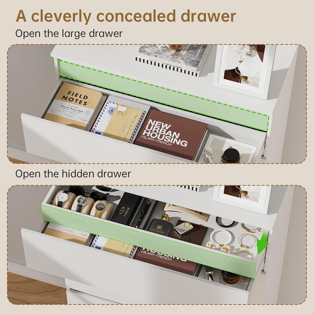 Dresser for Bedroom with 6 Drawers, 38.5" H Modern Chest of Drawers with Hidden Drawer, Wood Storage Dresser, Storage Organizer for Living Room, Closet, Hallway, White