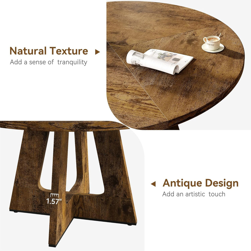 Round Dining Table with 4 Chairs, 5 Piece Farmhouse Dining Table Set, Space-Saving Kitchen Table Set for 4-6, Rustic MDF Dining Table + 4 Upholstered Dining Chairs with Faux Linen Fabric & Wood