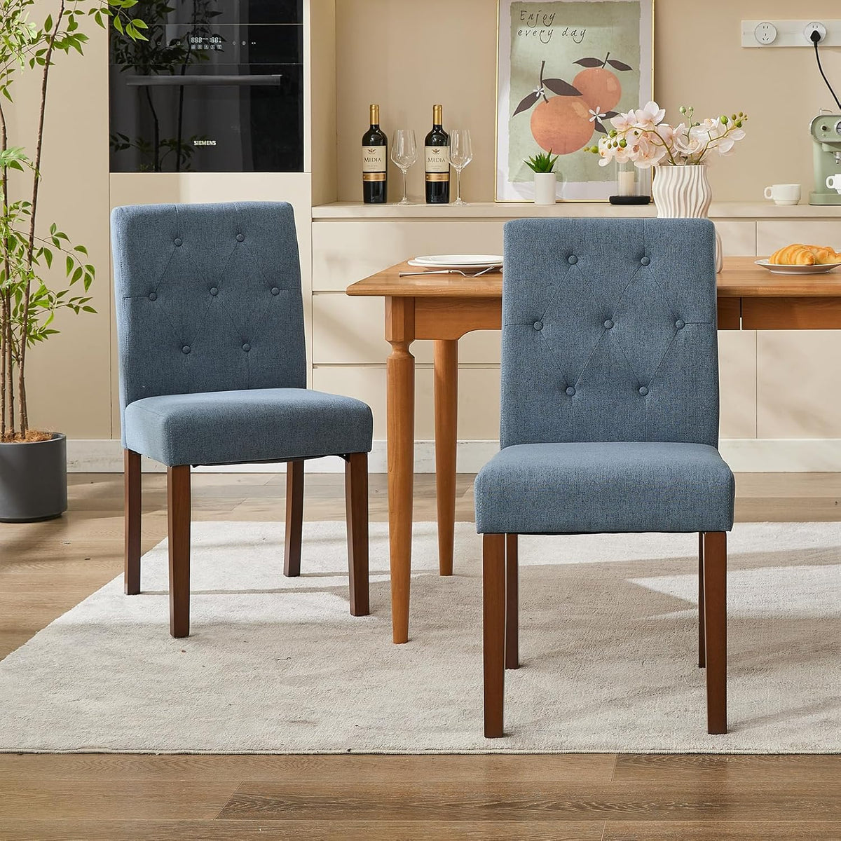 IDEALHOUSE Dining Chairs Set of 6, Linen Fabric Upholstered Parsons Chairs with Rubberwood Legs, Comfortable Padded Seat Kitchen, Dining Room Side Chairs, Living Room Blue