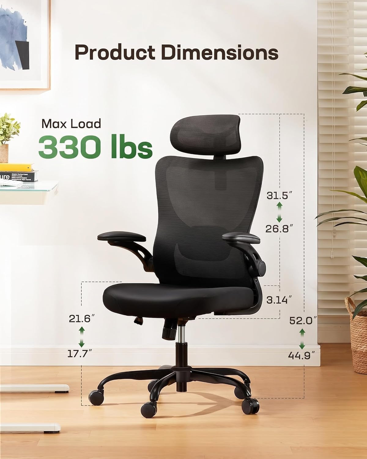 Marsail Ergonomic Office Chair: Office Desk Chair with High Back Mesh and Adjustable Lumbar Support Rolling Work Swivel Task Chairs with Wheel 3D Armrests and Headrest