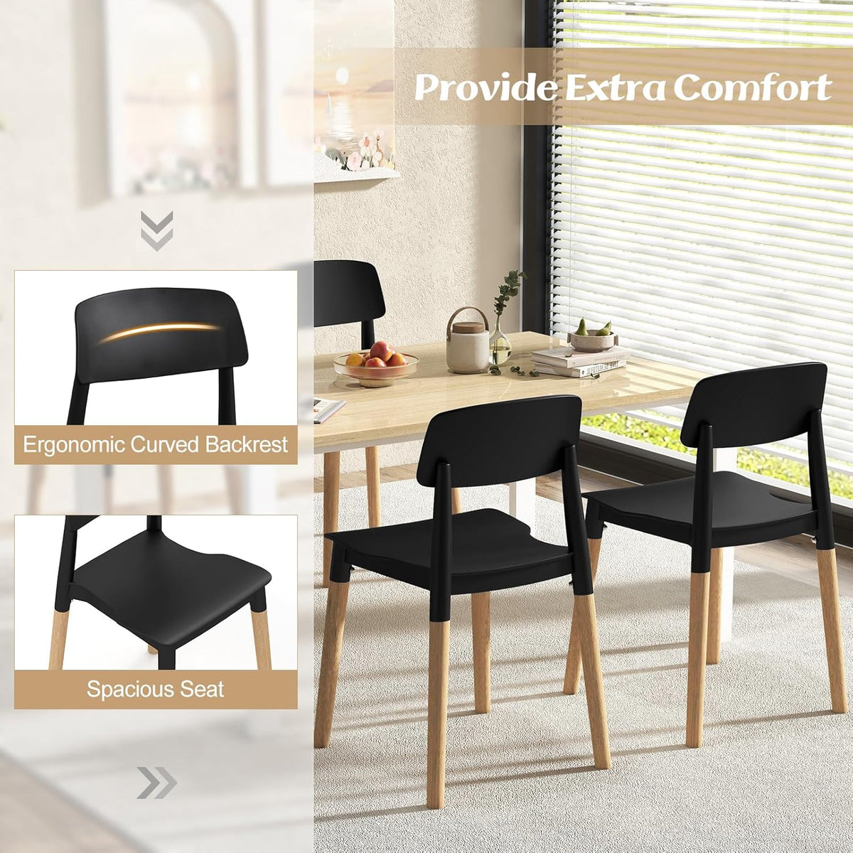 Giantex Modern Dining Chairs Set of 4, Plastic Dining Side Chair Set w/Sturdy Wooden Legs, Ergonomic Backrest & Wide Seat, Armless Kitchen Chairs for Dining Room Living Room Restaurant Cafe (Black)