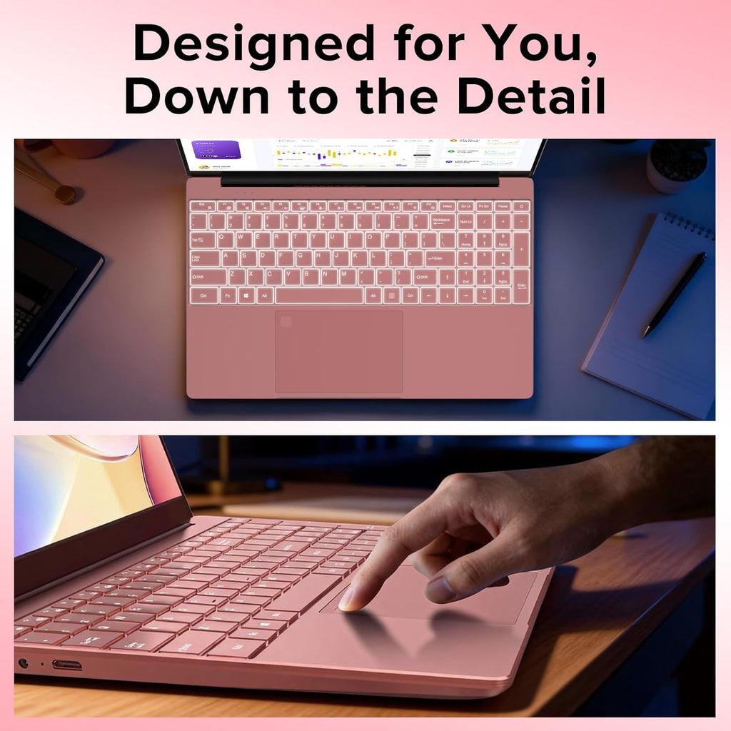 2026 Laptop 15.6" Rose Pink, Fingerprint & Backlit Keyboard with Numpad, 8GB RAM 256GB SSD, Quad-Core Processor (Up to 2.8GHz), 1080P FHD IPS, Aesthetic PC for Business & Student