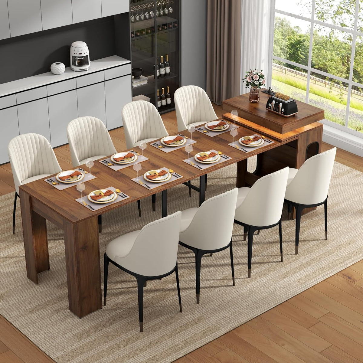 Extendable Dining Table with Charging Station, Convertible Folding Console Table for 6-8 People, Space-Saving Dining Table with LED Lights, Wood Rectangle Kitchen Table for Homes, Walnut (No Chairs)