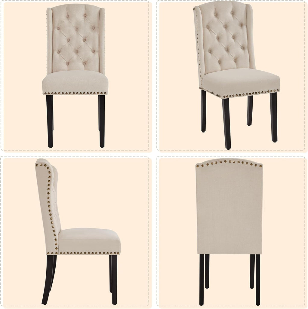 Yaheetech Upholstered Dining Chairs Set of 4 Button Tufted Kitchen Chairs with Solid Wood Legs and Nailhead Trims for Dining Room, Living Room, Restaurant, Beige