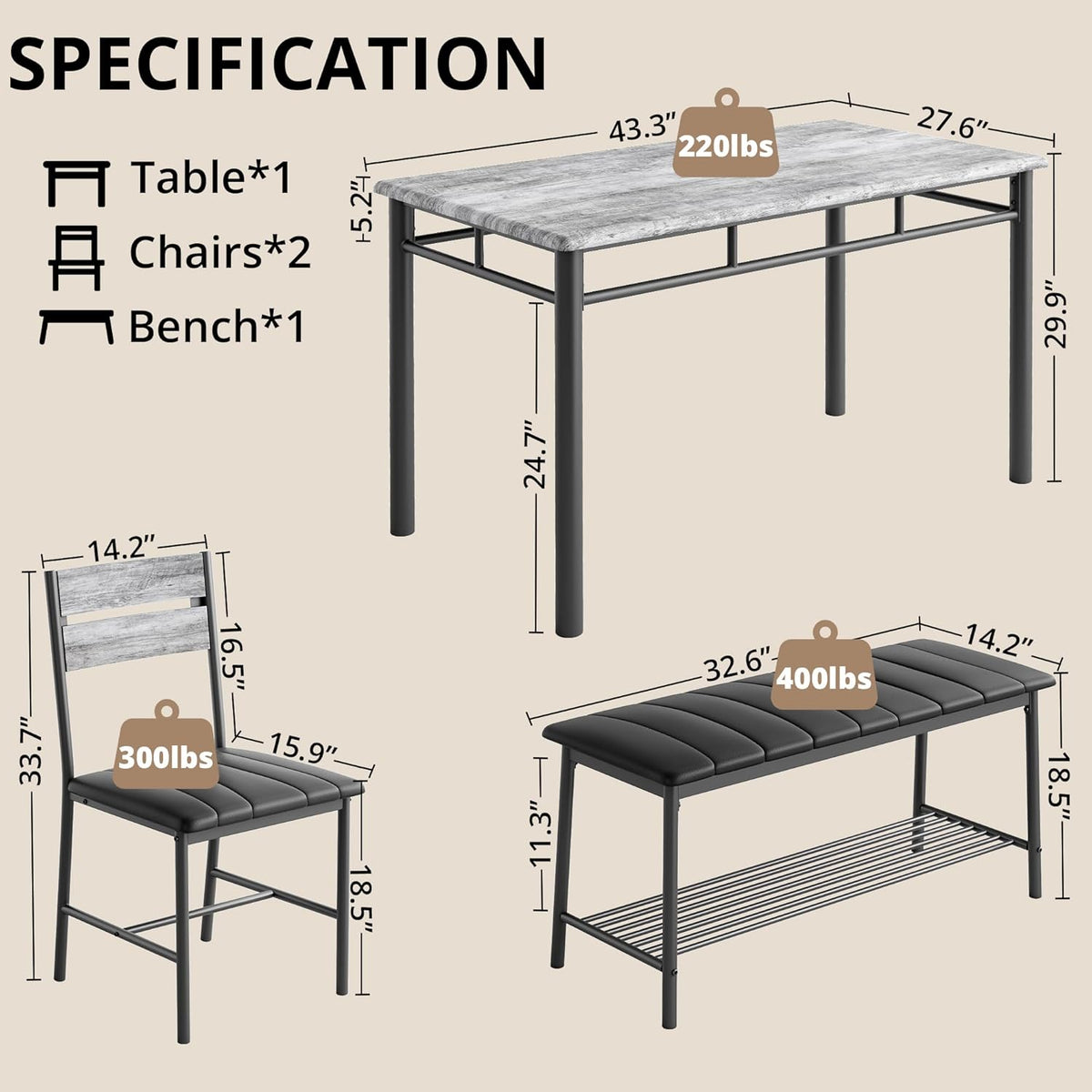 IRONCK Dining Table Set for 4, Kitchen Table with Upholstered Bench and 2 Chairs, Kitchen Table and Chairs Set for Small Space, Apartment, Gray