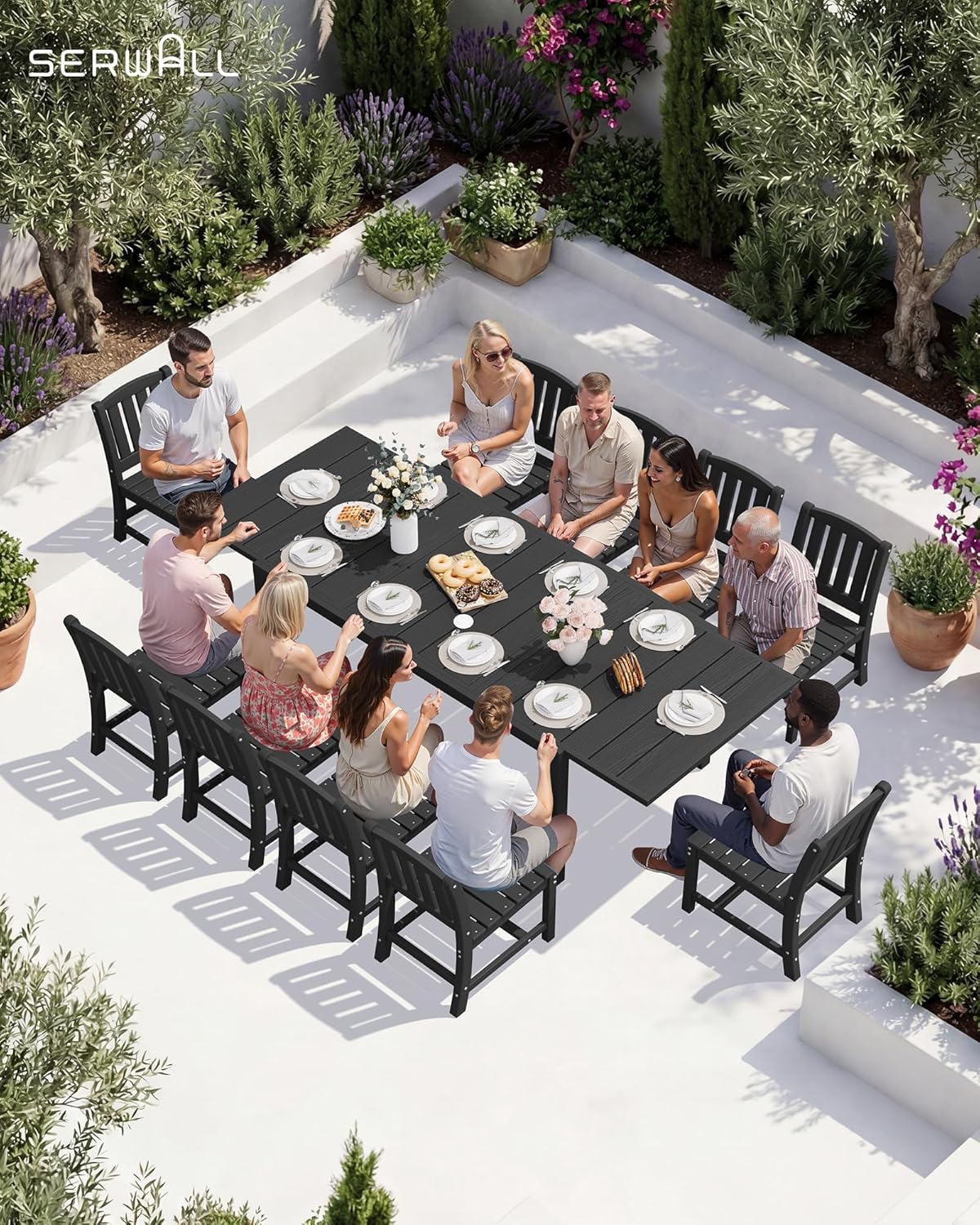 SERWALL Outdoor Expandable Dining Table 60" - 83", Patio Dining Table for 4-10 People, All Weather HDPE and Aluminum Outdoor Furniture, Black