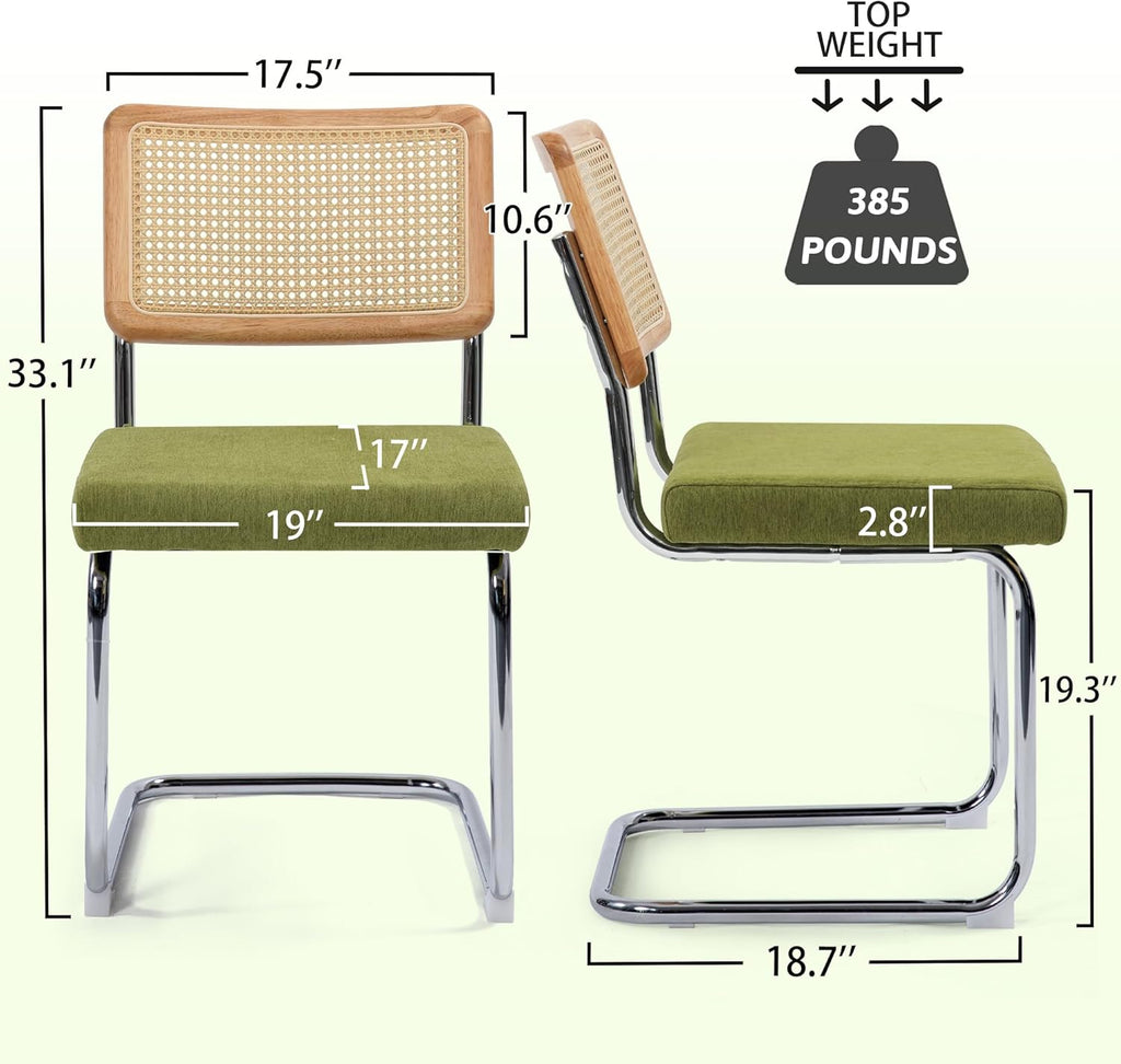 KROFEM Dining Chairs Set of 4, Modern Rattan Kitchen Chairs, Mid Century Modern Design, Polished Chrome Frame, Upholstered Seat, Green