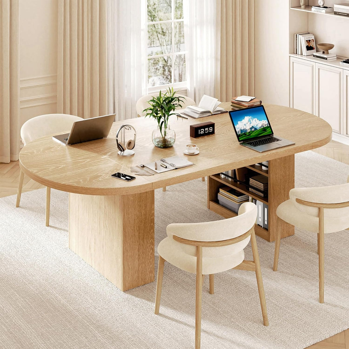 Jocoevol 78.7" Oval Dining Table for 8-10, Modern Dining Room Table with 3-Tier Storage Shelf, Wood Dinner Tables with Heavy Duty Pedestal Base for Kitchen Living Room - Natural