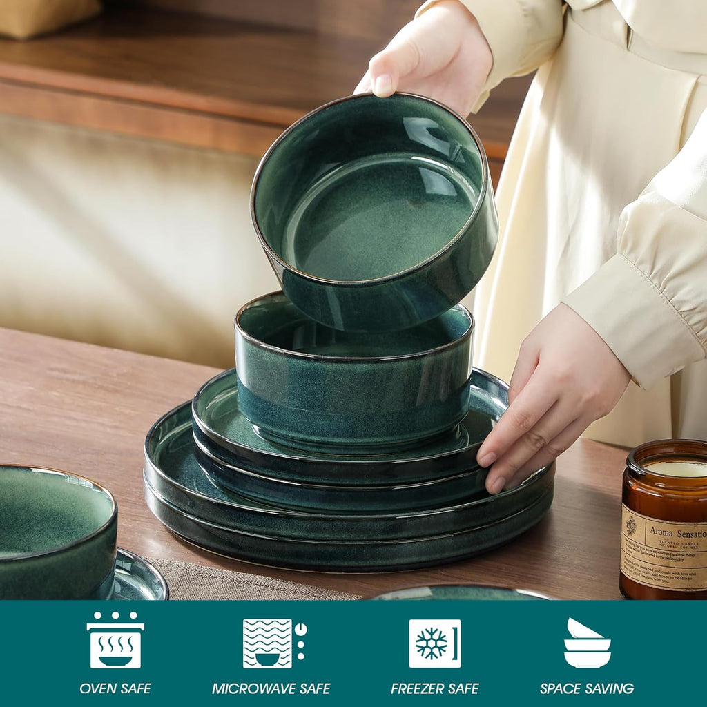 vancasso Starry Plates and Bowls Sets for 8, 24 Pieces Green Dinnerware Sets for Kitchen, Modern Stoneware Dishes Set, Dishwasher and Microwave Safe