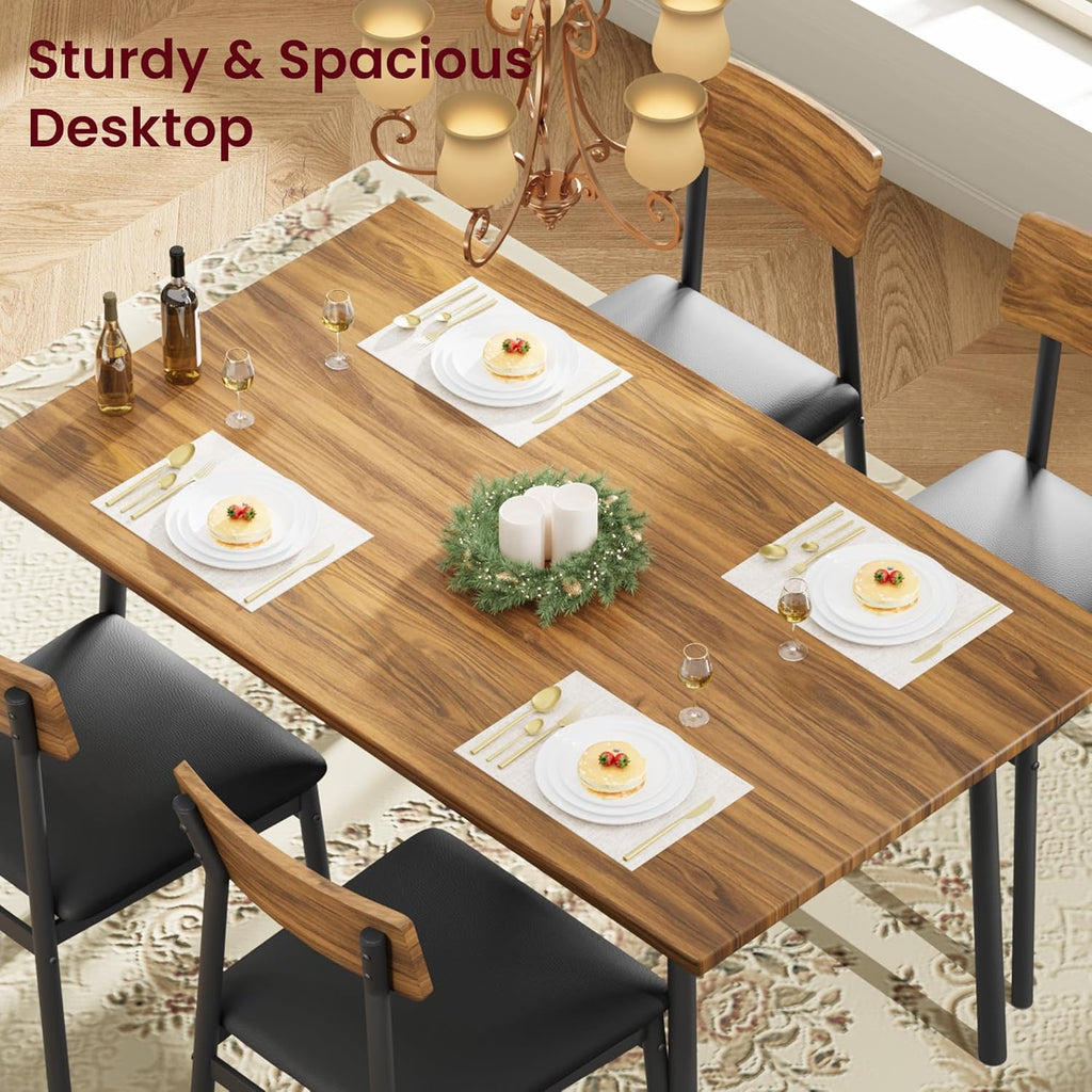 Garvee Dining Table Set for 4 with 4 Upholstered Chairs, Dining Room Table Set for 4 w/Smooth Edge, Wood Kitchen Table Chairs Set of 4 for Dining, Kitchen Room, Apartment,Walnut