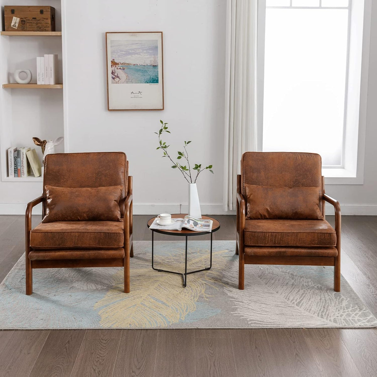 Mid Century Modern Accent Chair Set of 2 Living Room- Comfy Solid Wood Arm Chair with Lumber Pillow Lounge Decorative Brown Leather Office Side Chair Bedroom Reading Nook Sillas De Sala Microfiber