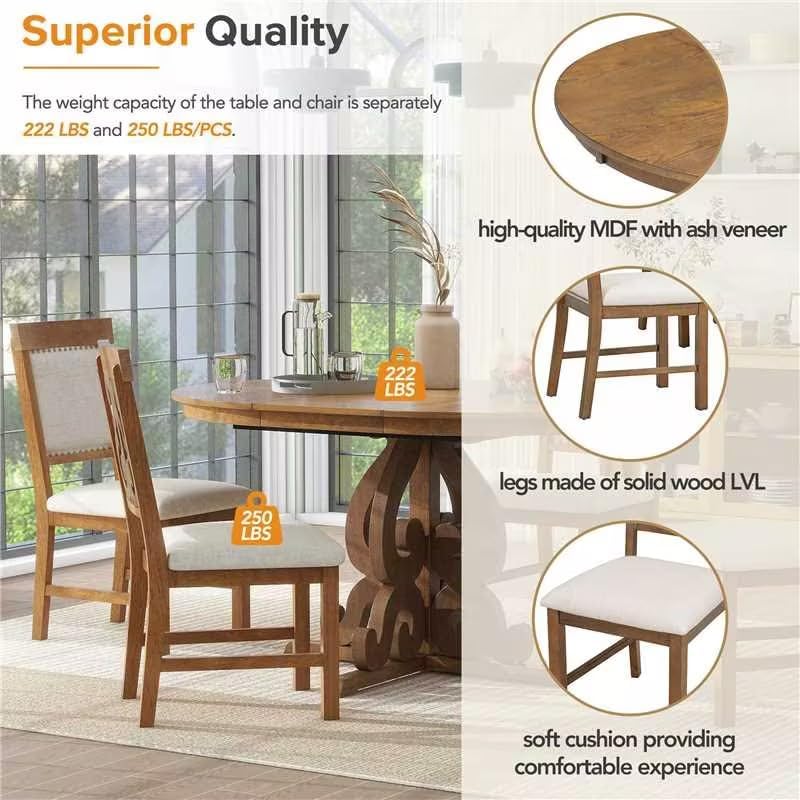 Merax Round Dining Table Set for 4, 42"-58" Extendable Kitchen Table Set with 4 Upholstered Chairs, Farmhouse Dining Table and Chairs Set for Kitchen, Dining Room, Living Room, Walnut