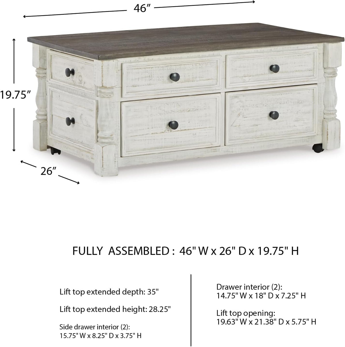 Signature Design by Ashley Havalance Farmhouse Lift Top Coffee Table with 4 Storage Drawers and Small Storage Tray, Whitewash
