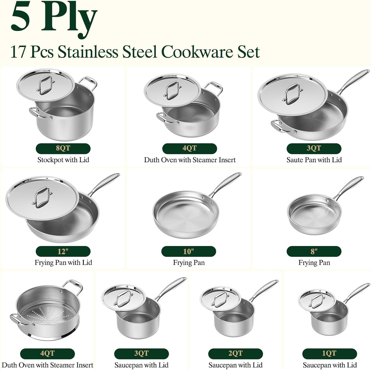 Umite Chef 17Pcs 5 Ply Clad Stainless Steel Cookware Set with Lids, Heavy Duty Pots and Pans Kitchen Set, Induction-Ready, Dual Aluminum Core for Even Heat, Cool Grip Handles, Dishwasher Safe
