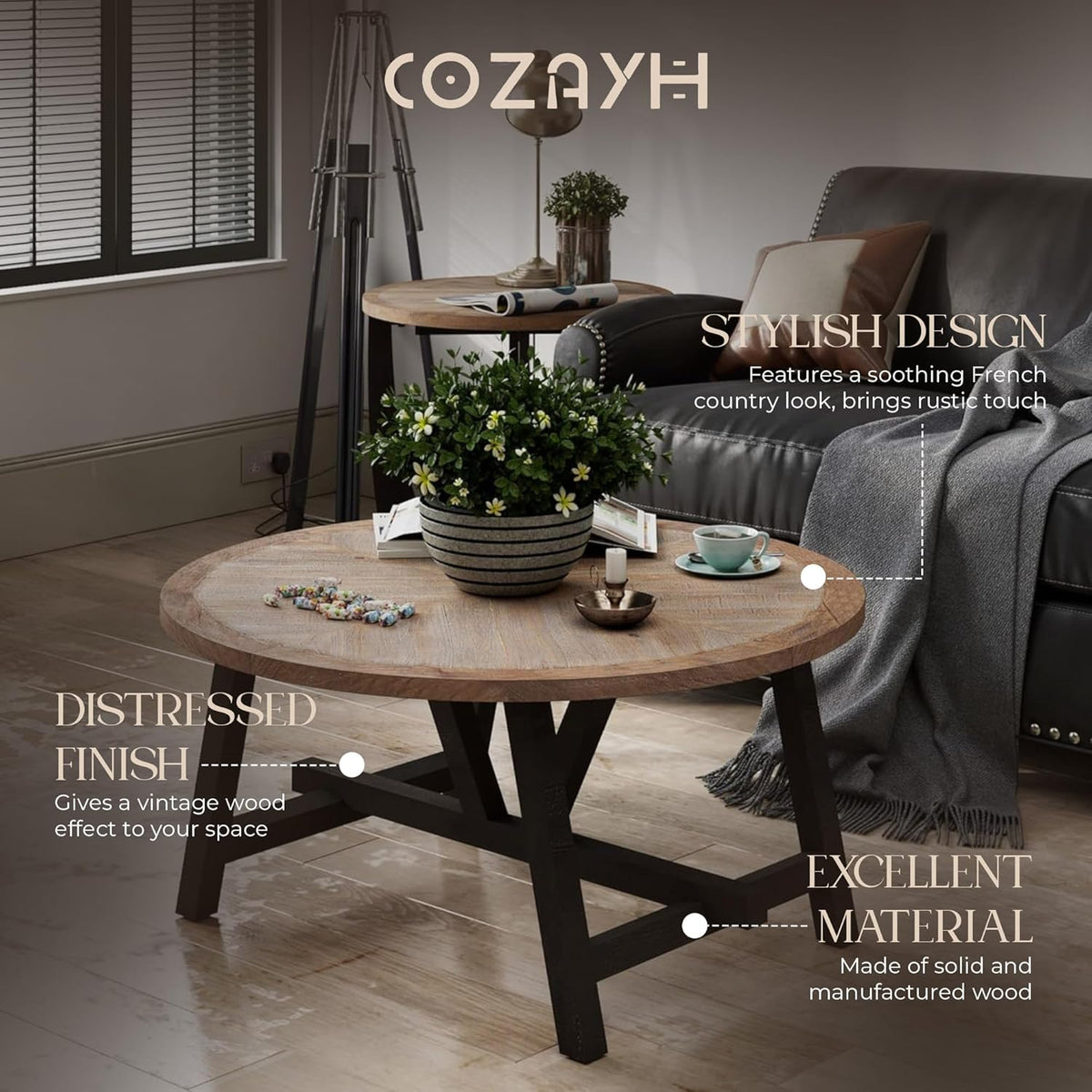 COZAYH Rustic Farmhouse End Table with Storage Shelf, French Country Modern Round Accent Side Table for Small Spaces, Wood Top & Black Base