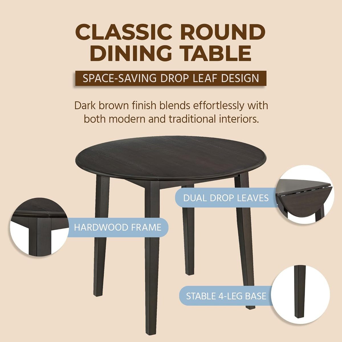ROME + OAK Hinged Drop Leaf Dining Table, 22-36 Inch Round Tabletop with Sturdy Base, Dark Brown - Modern Solid Wooden Furniture Piece for Home
