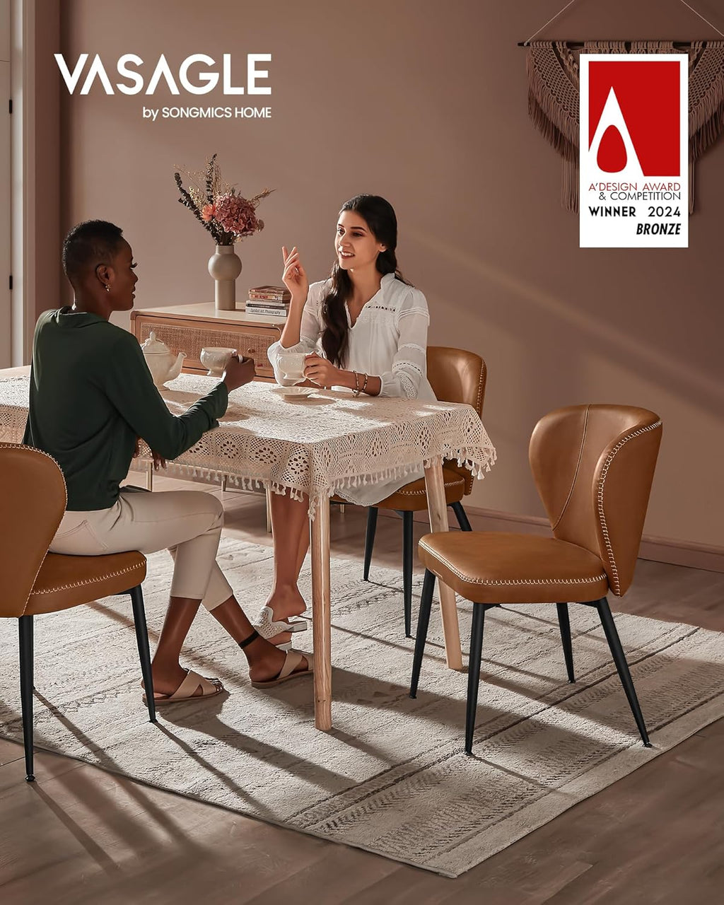 VASAGLE EKHO Collection - Dining Chairs Set of 2, Upholstered Kitchen Chairs, Comfortable Seat, Synthetic Leather with Stitching, Mid-Century Modern, Easy Assembly, Living Room Lounge, Caramel Brown