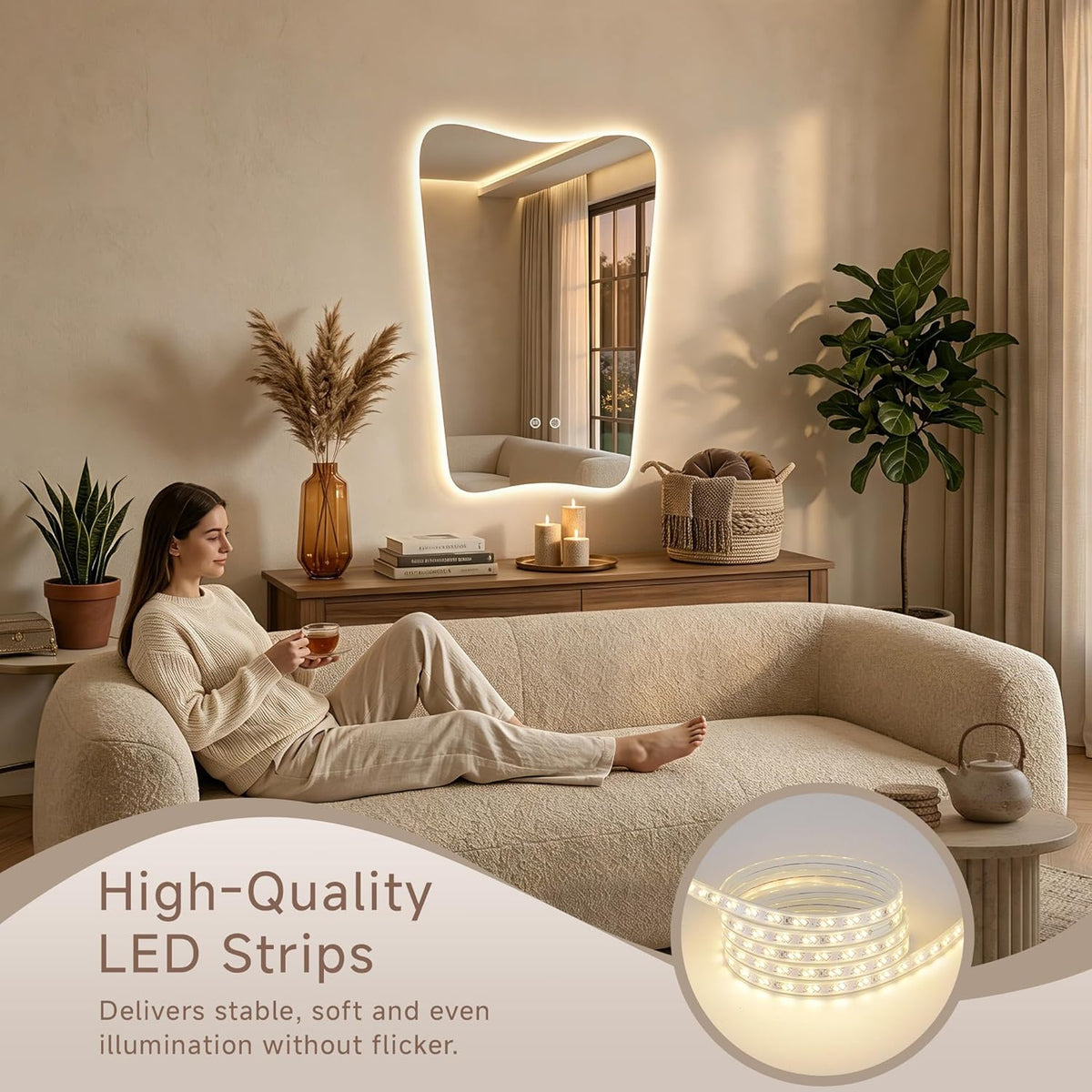 24x36 Inch Led Wall Mirror Decorative Backlit Bathroom Mirror Frameless Vanity Mirror Fog-Proof 3 Color Changing Shatter-Resistant Touch Sensor Suitable for Bedroom Living Room
