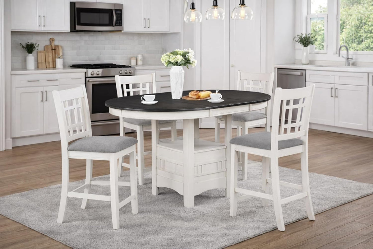 CARTESIAN 5 Piece Counter Height Dining Set, Oval Extendable Table with Storage Shelf, 4 Upholstered Chairs, Weathered White and Gray, Grid-Back Design