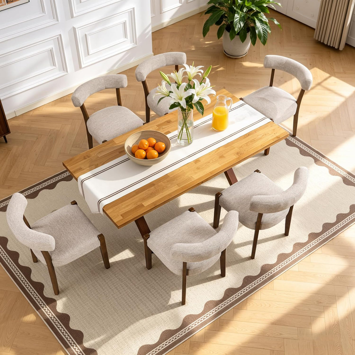 RNKSFX Modern Dining Chairs Set of 8, Walnut Upholstered Kitchen & Dining Room Chairs, Mid Century Modern Wooden Dining Chairs Oversized Sturdy Rounded Chairs Curved Back, Beige Fabric