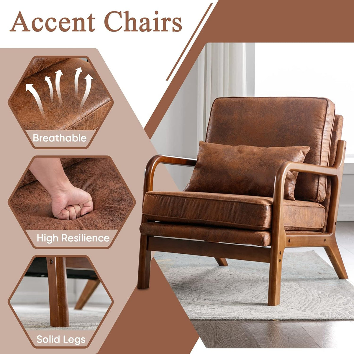 Mid Century Modern Accent Chair Set of 2 Living Room- Comfy Solid Wood Arm Chair with Lumber Pillow Lounge Decorative Brown Leather Office Side Chair Bedroom Reading Nook Sillas De Sala Microfiber