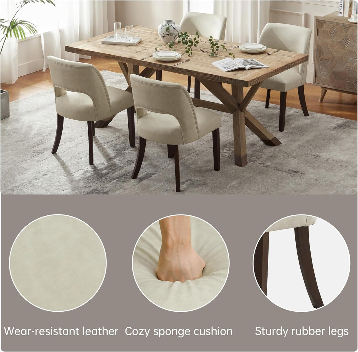 VKNOW Modern Dining Chairs Set of 6, Faux Leather Upholstered Dining Room Chair Kitchen Chairs, Farmhouse Dinner Chair for Kitchen Dining Room, Beige