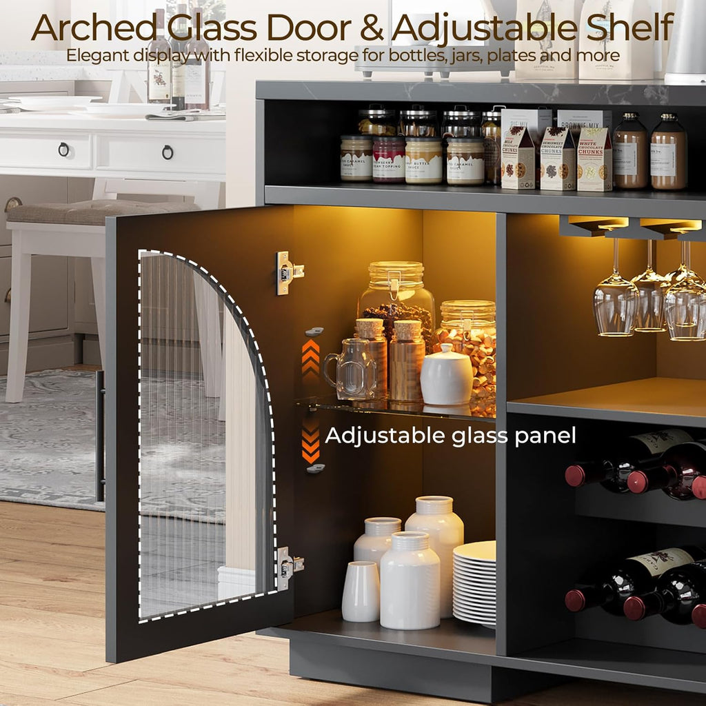 Wine Bar Cabinet 54", Black Coffee Bar Cabinet with LED Lights, Arched Glass Doors, Wine Rack, Adjustable Shelves, Sideboard Buffet Cabinet for Dining Room, Black